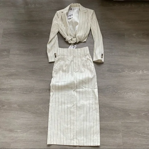 Matching Set - Zara Cropped Striped Blazer with Linen Blend Midi Skirt - Picture 4 of 11